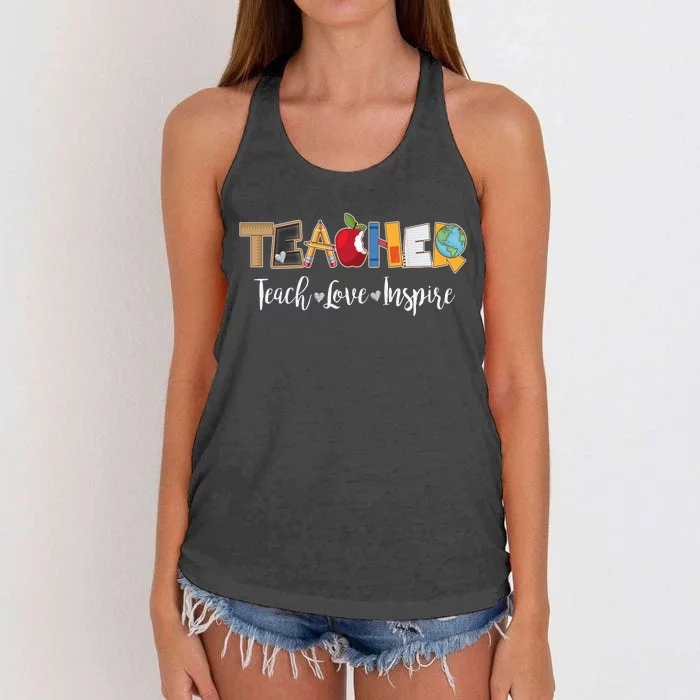 Cute Teacher Teach Love Inspire Women's Knotted Racerback Tank