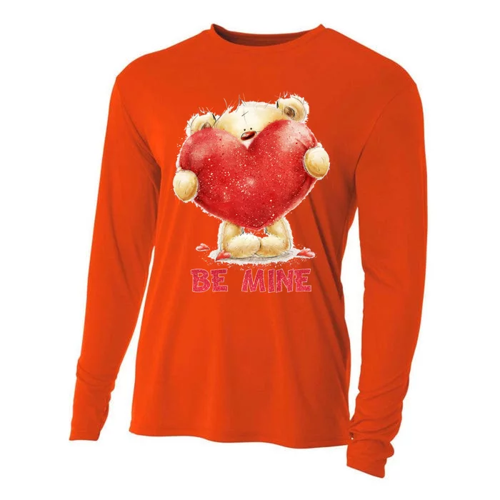 Cute Teddy Bear Holding Heart Be Mine Valentine's Day Cooling Performance Long Sleeve Crew