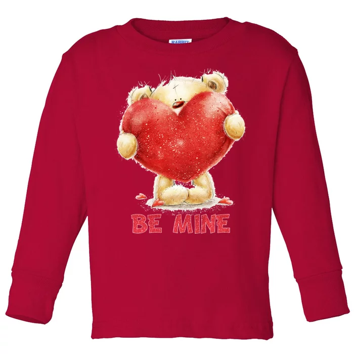 Cute Teddy Bear Holding Heart Be Mine Valentine's Day Toddler Long Sleeve Shirt