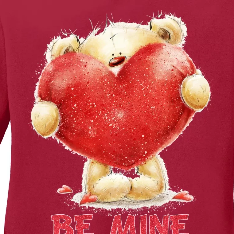 Cute Teddy Bear Holding Heart Be Mine Valentine's Day Ladies Long Sleeve Shirt