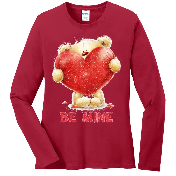 Cute Teddy Bear Holding Heart Be Mine Valentine's Day Ladies Long Sleeve Shirt