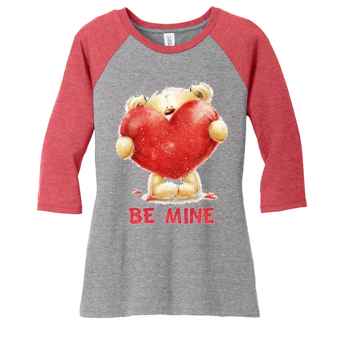 Cute Teddy Bear Holding Heart Be Mine Valentine's Day Women's Tri-Blend 3/4-Sleeve Raglan Shirt