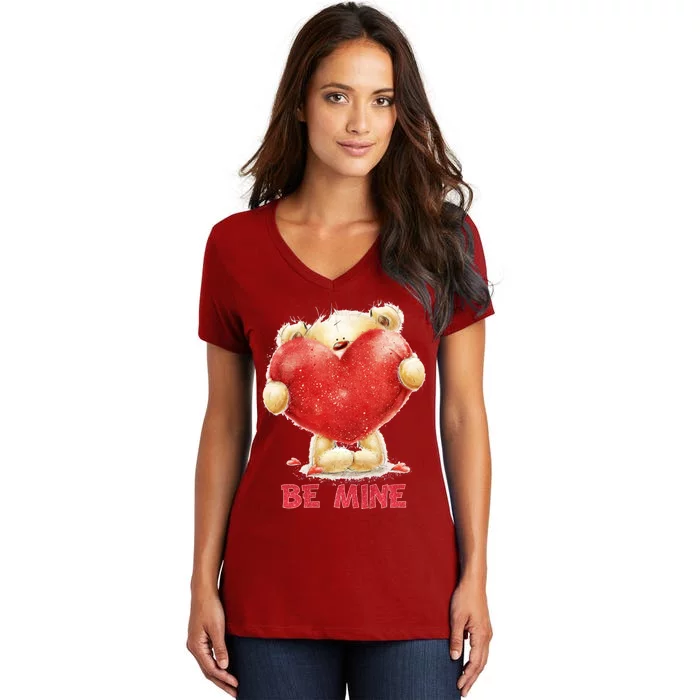 Cute Teddy Bear Holding Heart Be Mine Valentine's Day Women's V-Neck T-Shirt