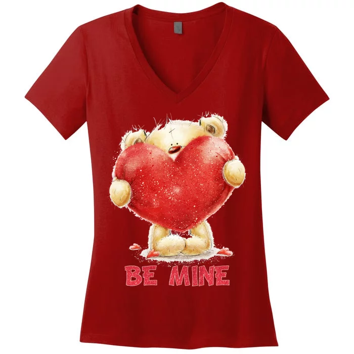 Cute Teddy Bear Holding Heart Be Mine Valentine's Day Women's V-Neck T-Shirt