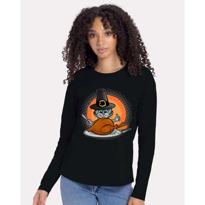 Cute Thanksgiving Happy Kitty Turkey Dinner Womens Cotton Relaxed Long Sleeve T-Shirt