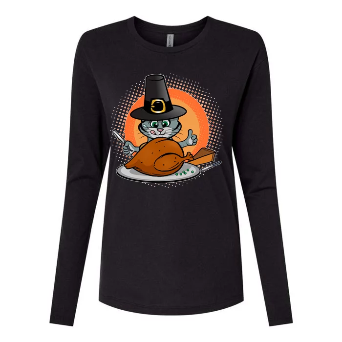 Cute Thanksgiving Happy Kitty Turkey Dinner Womens Cotton Relaxed Long Sleeve T-Shirt