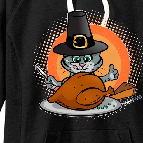 Cute Thanksgiving Happy Kitty Turkey Dinner Women's Fleece Hoodie