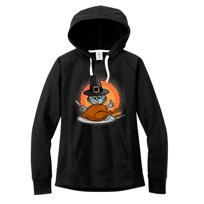 Cute Thanksgiving Happy Kitty Turkey Dinner Women's Fleece Hoodie