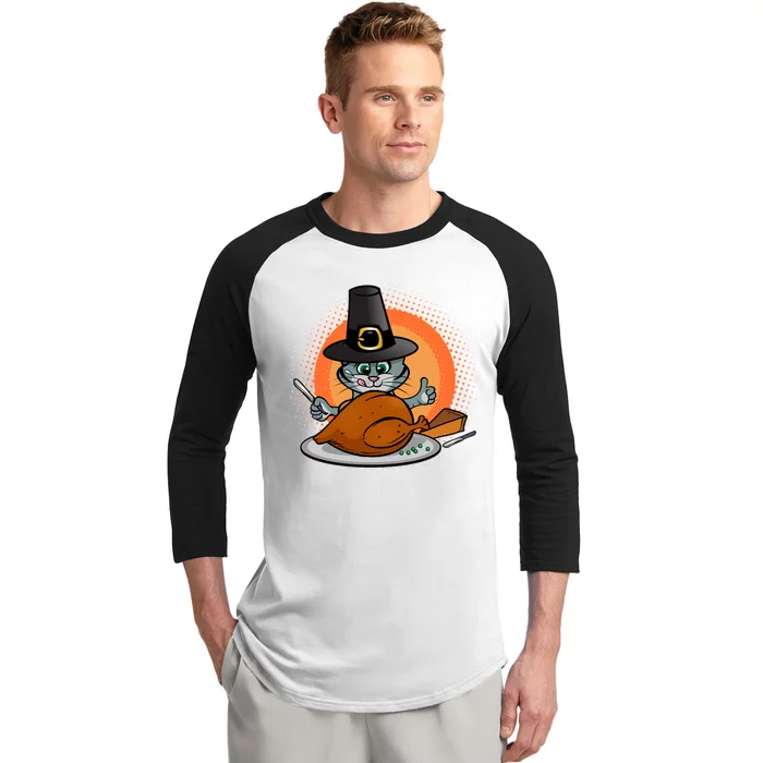 Cute Thanksgiving Happy Kitty Turkey Dinner Baseball Sleeve Shirt