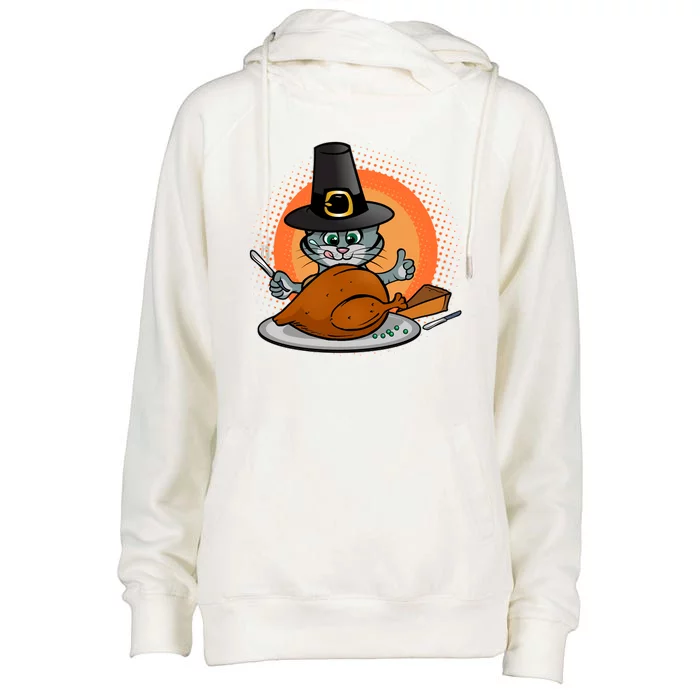 Cute Thanksgiving Happy Kitty Turkey Dinner Womens Funnel Neck Pullover Hood