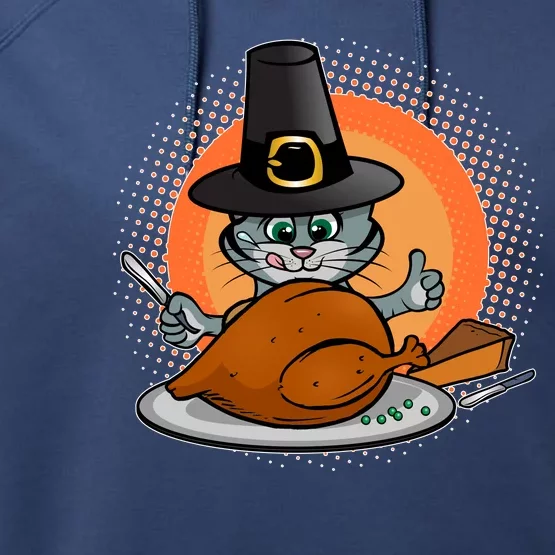 Cute Thanksgiving Happy Kitty Turkey Dinner Performance Fleece Hoodie