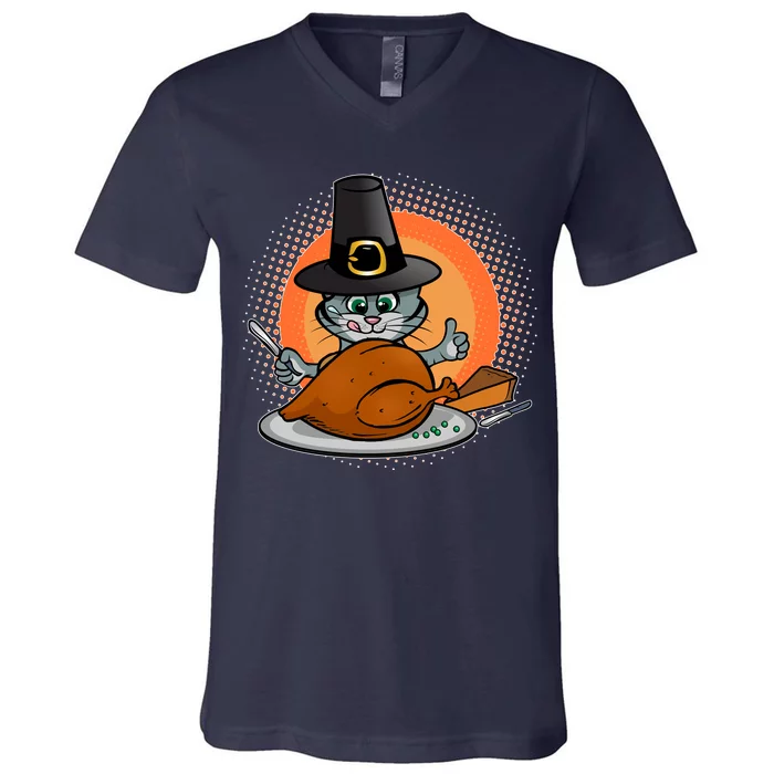 Cute Thanksgiving Happy Kitty Turkey Dinner V-Neck T-Shirt