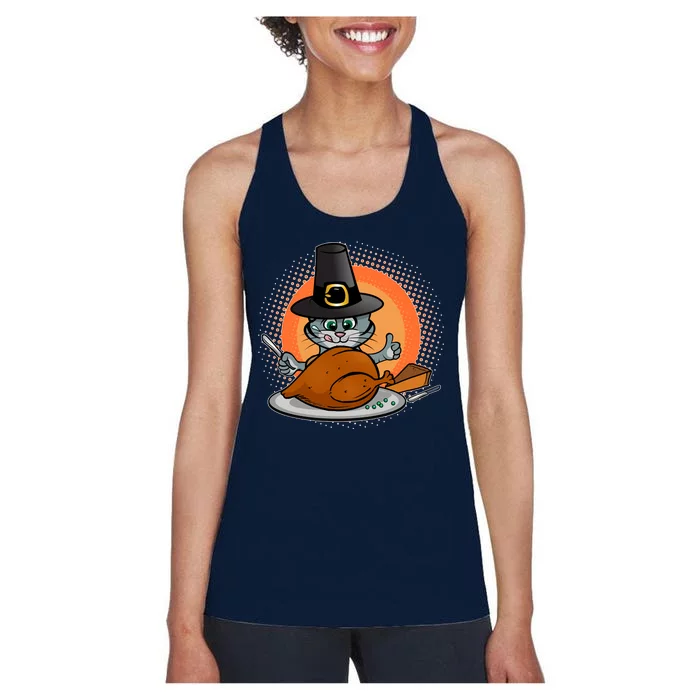 Cute Thanksgiving Happy Kitty Turkey Dinner Women's Racerback Tank