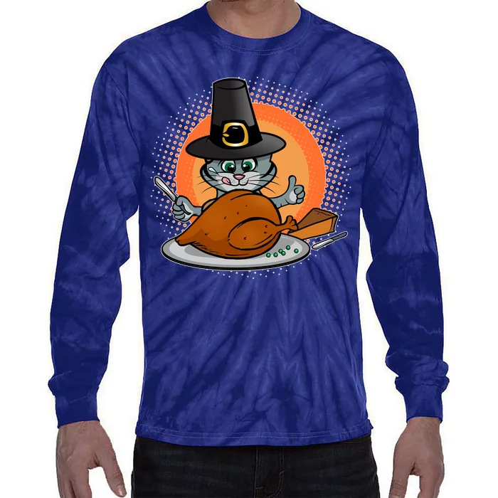 Cute Thanksgiving Happy Kitty Turkey Dinner Tie-Dye Long Sleeve Shirt