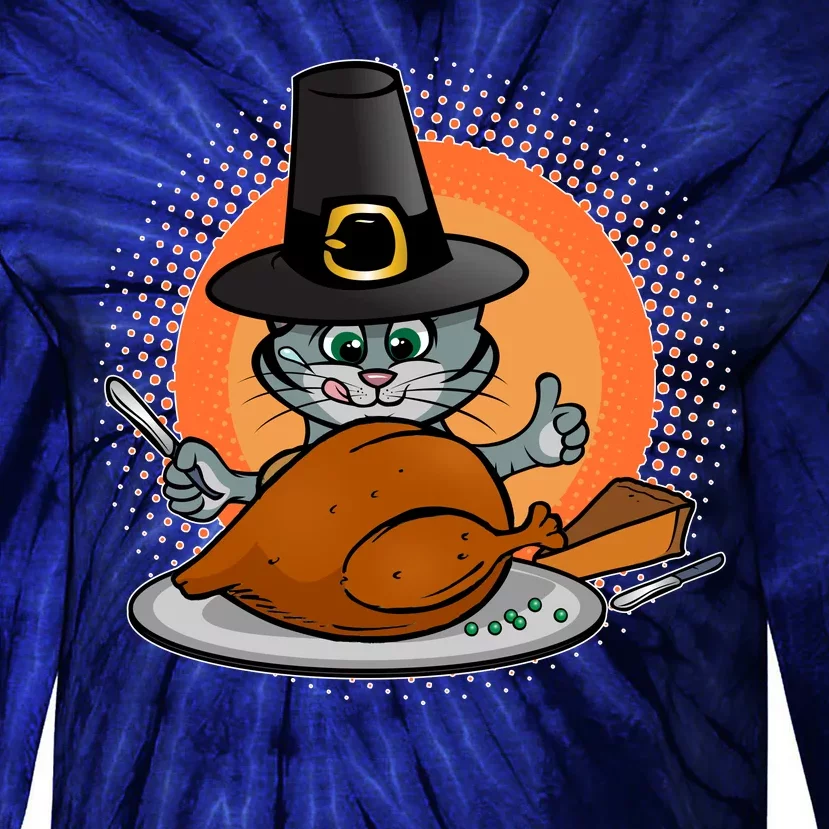 Cute Thanksgiving Happy Kitty Turkey Dinner Tie-Dye Long Sleeve Shirt