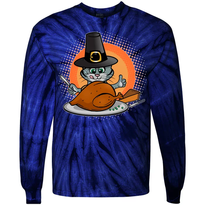 Cute Thanksgiving Happy Kitty Turkey Dinner Tie-Dye Long Sleeve Shirt