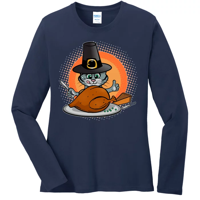 Cute Thanksgiving Happy Kitty Turkey Dinner Ladies Long Sleeve Shirt