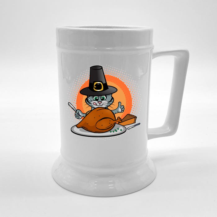 Cute Thanksgiving Happy Kitty Turkey Dinner Front & Back Beer Stein