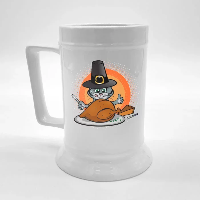 Cute Thanksgiving Happy Kitty Turkey Dinner Front & Back Beer Stein