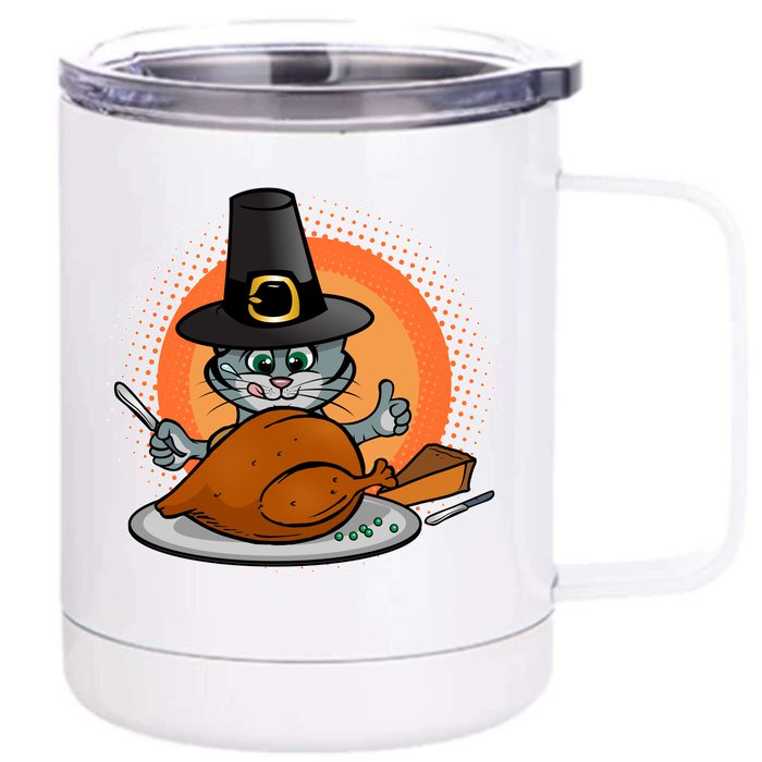 Cute Thanksgiving Happy Kitty Turkey Dinner Front & Back 12oz Stainless Steel Tumbler Cup