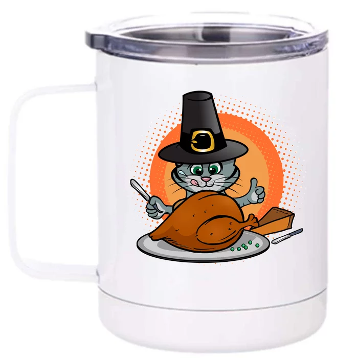 Cute Thanksgiving Happy Kitty Turkey Dinner Front & Back 12oz Stainless Steel Tumbler Cup