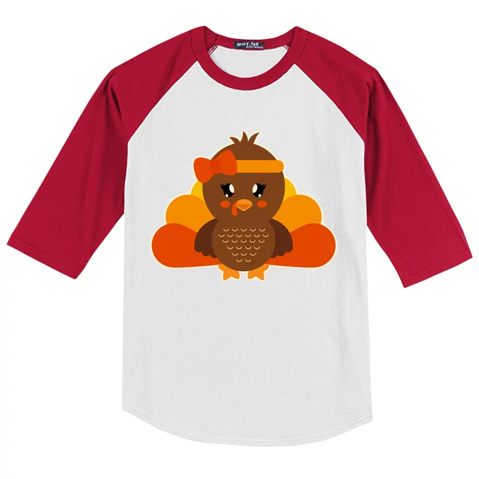 Cute Thanksgiving Little Turkey Girl Kids Colorblock Raglan Jersey