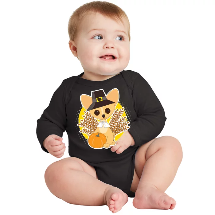 Cute Thanksgiving Pilgrim Puppy Baby Long Sleeve Bodysuit