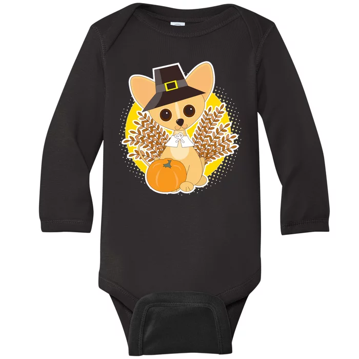 Cute Thanksgiving Pilgrim Puppy Baby Long Sleeve Bodysuit