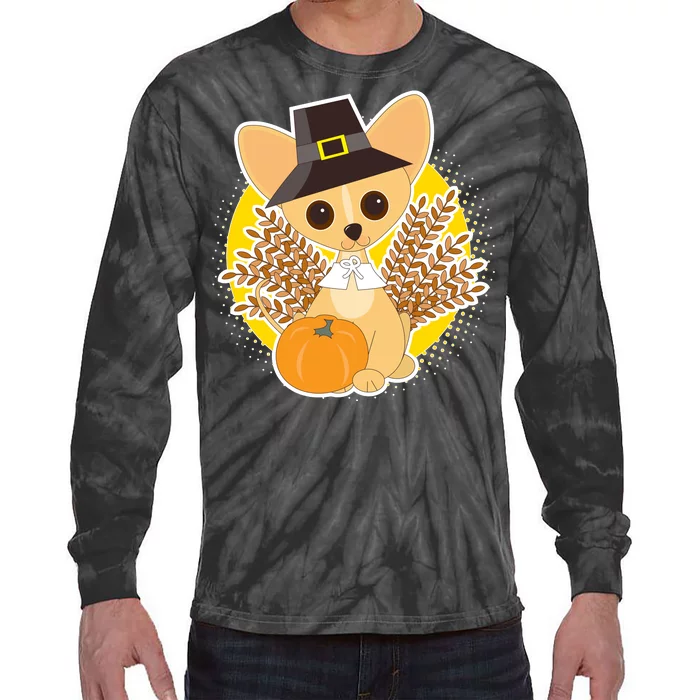 Cute Thanksgiving Pilgrim Puppy Tie-Dye Long Sleeve Shirt