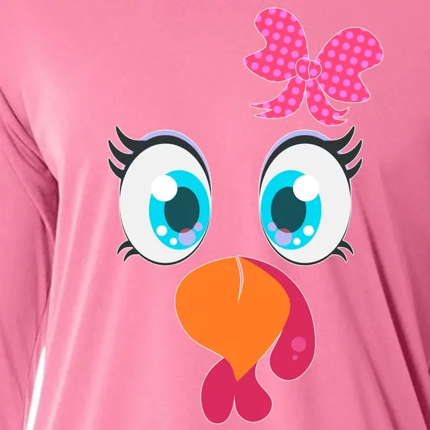 Cute Thanksgiving Turkey Girl Face Bow Tie Cooling Performance Long Sleeve Crew