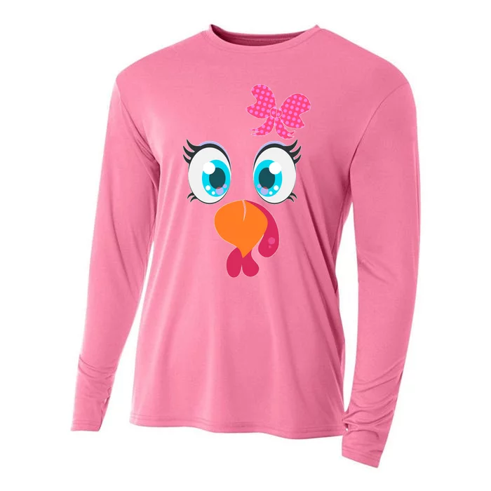 Cute Thanksgiving Turkey Girl Face Bow Tie Cooling Performance Long Sleeve Crew