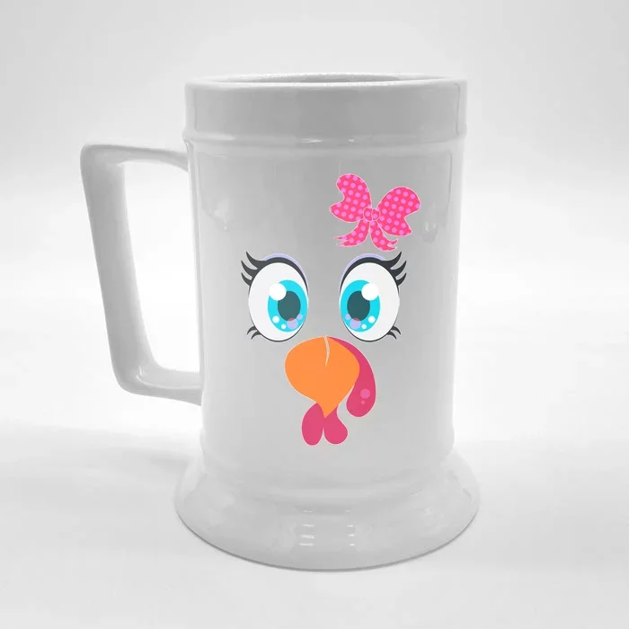 Cute Thanksgiving Turkey Girl Face Bow Tie Front & Back Beer Stein