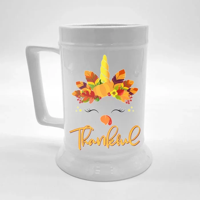 Cute Thanksgiving Unicorn Thankful Turkey Front & Back Beer Stein