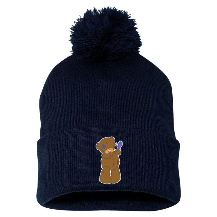 Cute Torn Teddy Bear Pom Pom 12in Knit Beanie