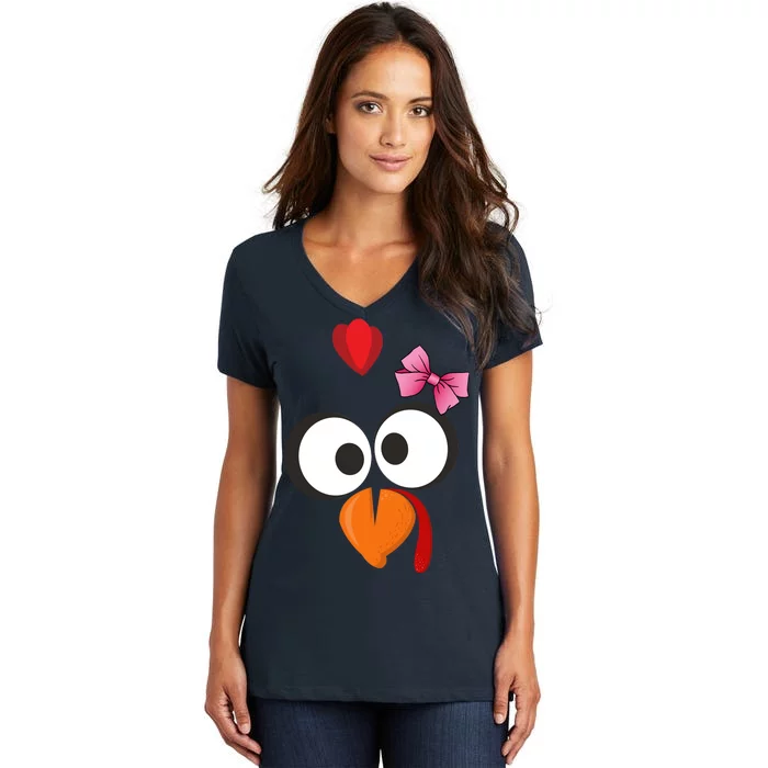 Cute Turkey Face Pink Bow Tie Women's V-Neck T-Shirt