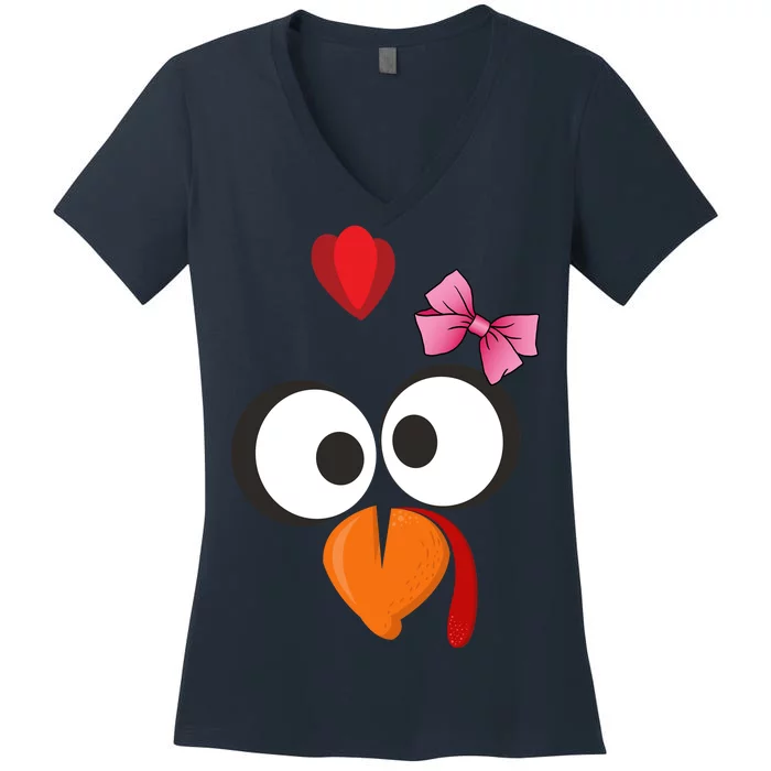 Cute Turkey Face Pink Bow Tie Women's V-Neck T-Shirt