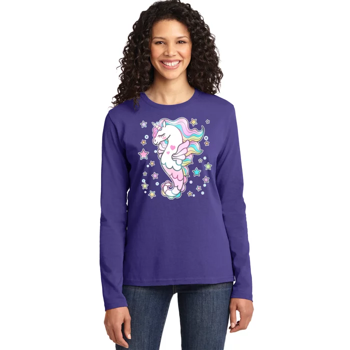 Cute Unicorn Seahorse Uni-Maid Ladies Long Sleeve Shirt