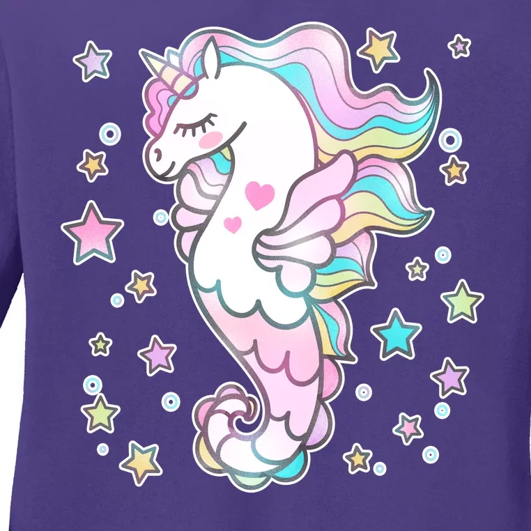 Cute Unicorn Seahorse Uni-Maid Ladies Long Sleeve Shirt