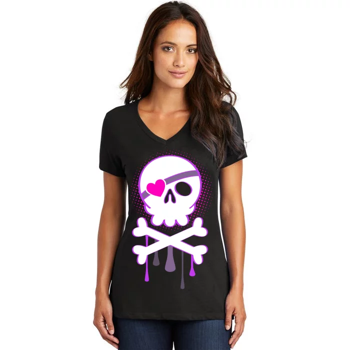 Cute Valentine Skull Eye Patch Women's V-Neck T-Shirt