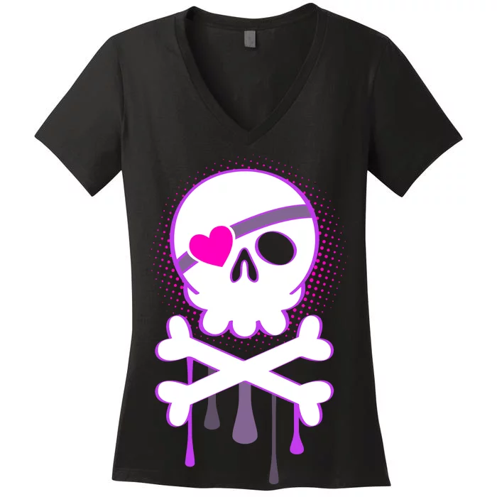 Cute Valentine Skull Eye Patch Women's V-Neck T-Shirt