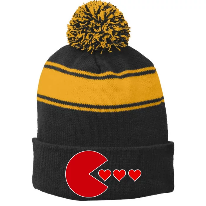 Cute Valentines Day Gamer Hear Retro Stripe Pom Pom Beanie