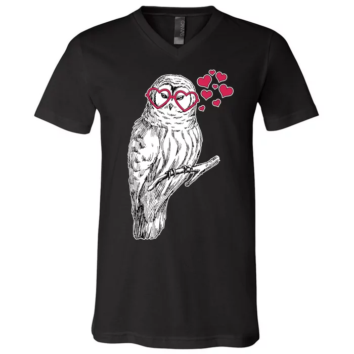 Cute Valentine's Day Heart Glasses Owl Love V-Neck T-Shirt