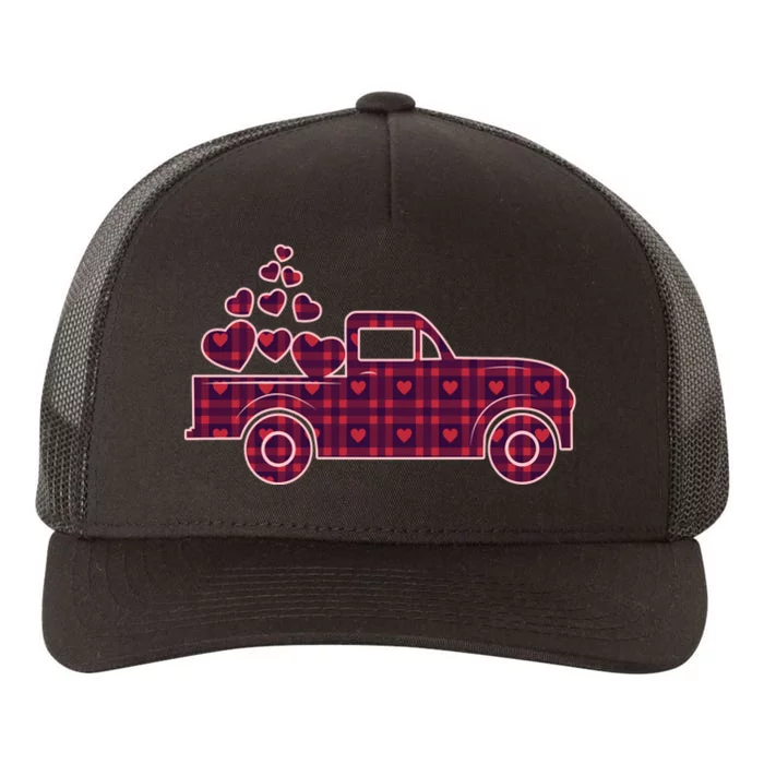 Cute Valentine's Day Plaid Pickup Truck With Hearts Yupoong Adult 5-Panel Trucker Hat