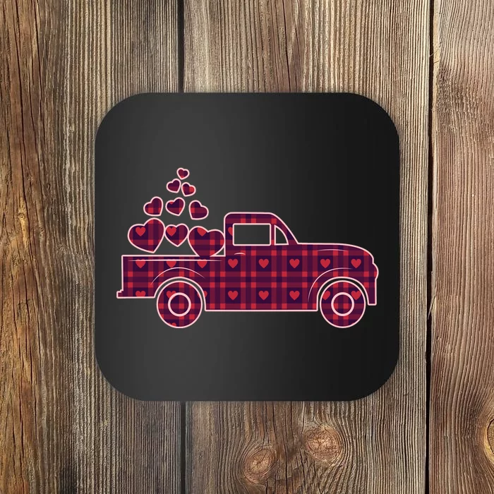 Cute Valentine's Day Plaid Pickup Truck With Hearts Coaster