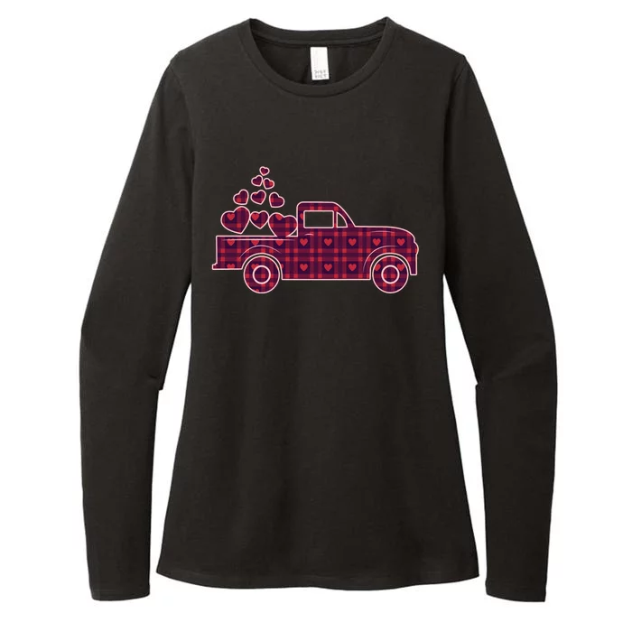 Cute Valentine's Day Plaid Pickup Truck With Hearts Womens CVC Long Sleeve Shirt