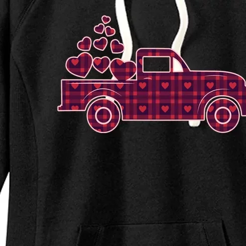 Cute Valentine's Day Plaid Pickup Truck With Hearts Women's Fleece Hoodie