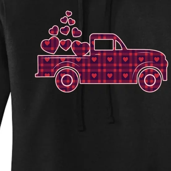 Cute Valentine's Day Plaid Pickup Truck With Hearts Women's Pullover Hoodie