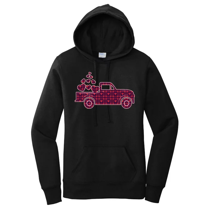 Cute Valentine's Day Plaid Pickup Truck With Hearts Women's Pullover Hoodie