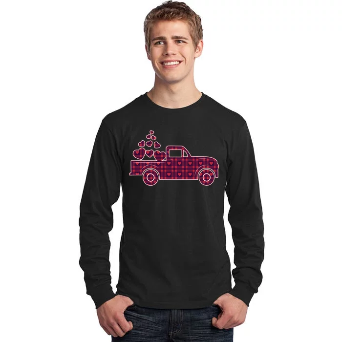 Cute Valentine's Day Plaid Pickup Truck With Hearts Tall Long Sleeve T-Shirt