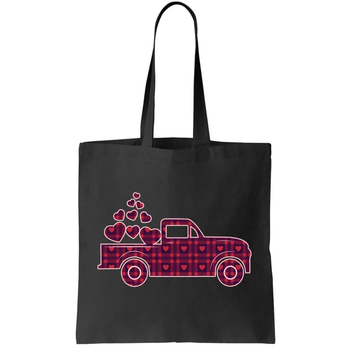 Cute Valentine's Day Plaid Pickup Truck With Hearts Tote Bag